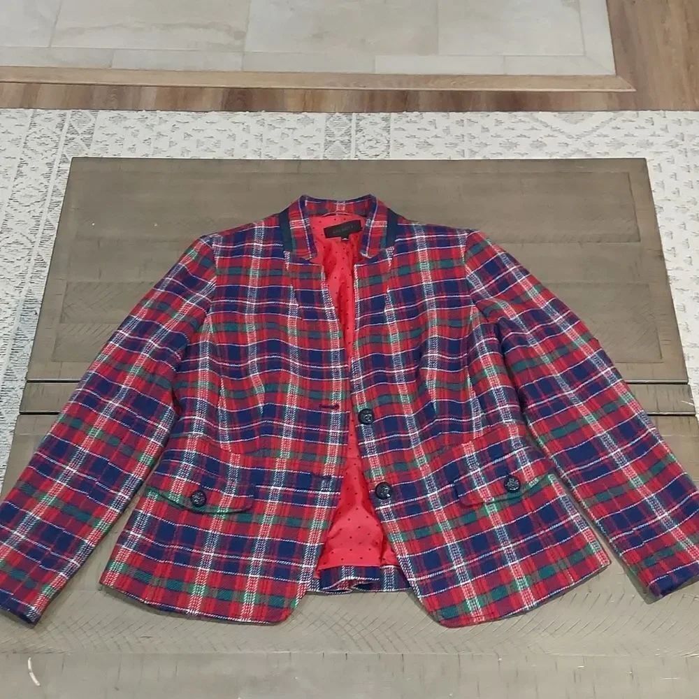 Talbots Red Blue Tartan Plaid Wool Blazer Sz 10